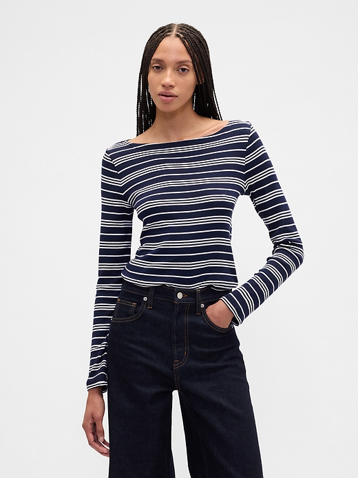 Image number 1 showing, Modern Ribbed Stripe Boatneck T-Shirt