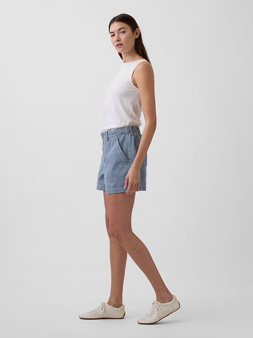 Image number 3 showing, 4" Mid Rise Stripe Soft Denim Utility Shorts