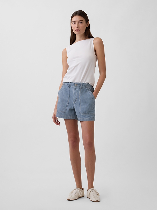 Image number 1 showing, 4" Mid Rise Stripe Soft Denim Utility Shorts