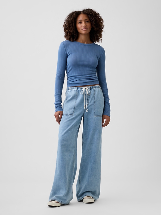Image number 1 showing, Mid Rise Soft Pull-On Wide-Leg Jeans