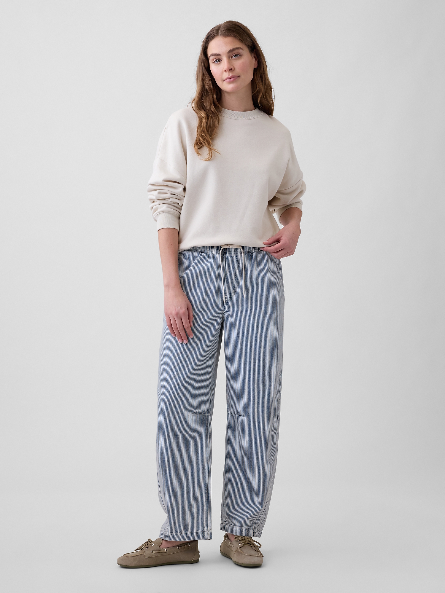 Mid Rise SuperSoft Stripe Pull-On Barrel Jeans | Gap Factory