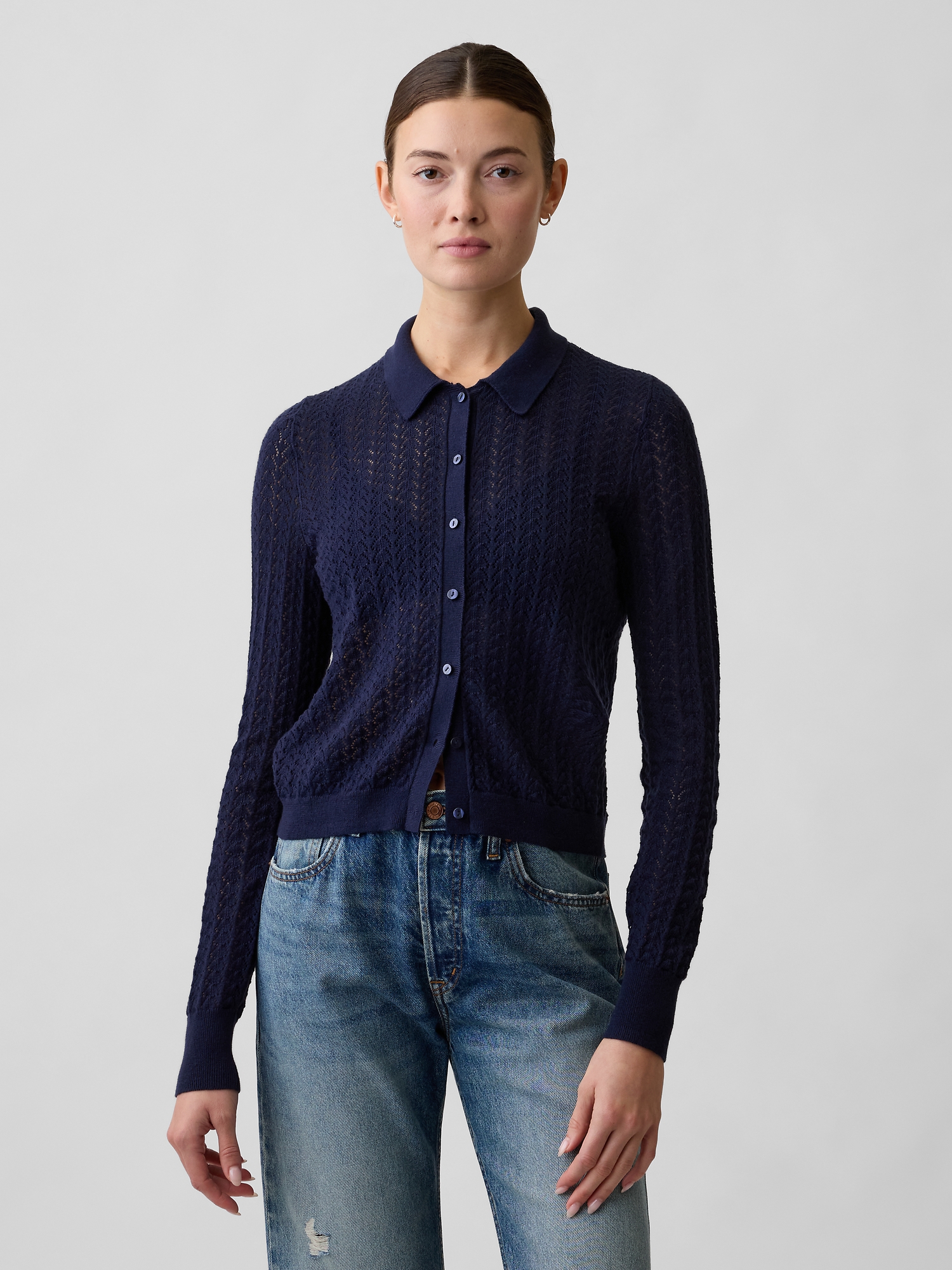 Lace-Stitch Collared Cardigan | Gap Factory