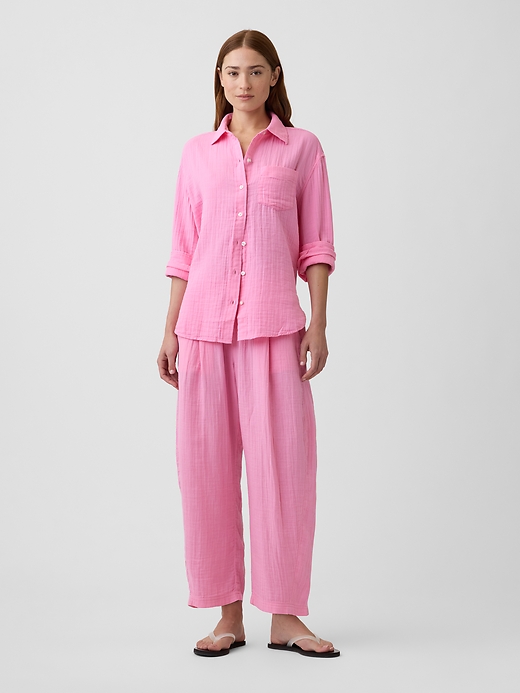 L'image numéro 1 présente Pantalon coupe baril en gaze à taille mi-basse extensible