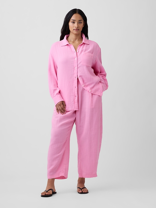 L'image numéro 5 présente Pantalon coupe baril en gaze à taille mi-basse extensible